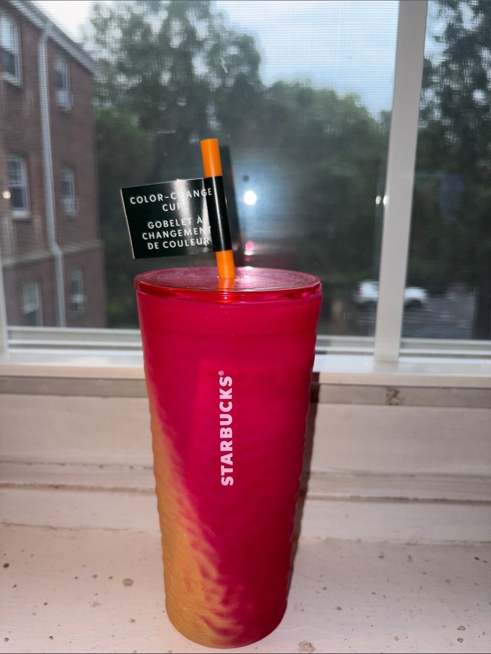 18oz Starbucks Pink and Orange Gradient Color-Change Tumbler with Orange Straw